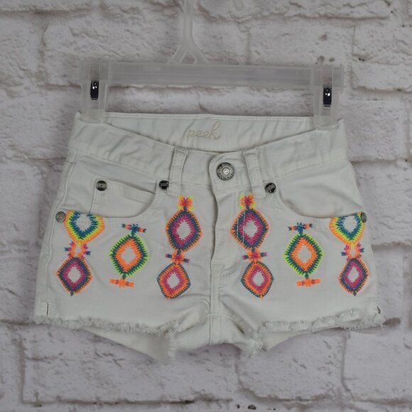 🎯5/$30  Peek White Distressed Embroidered Girls Shorts 4/5 - Picture 1 of 7